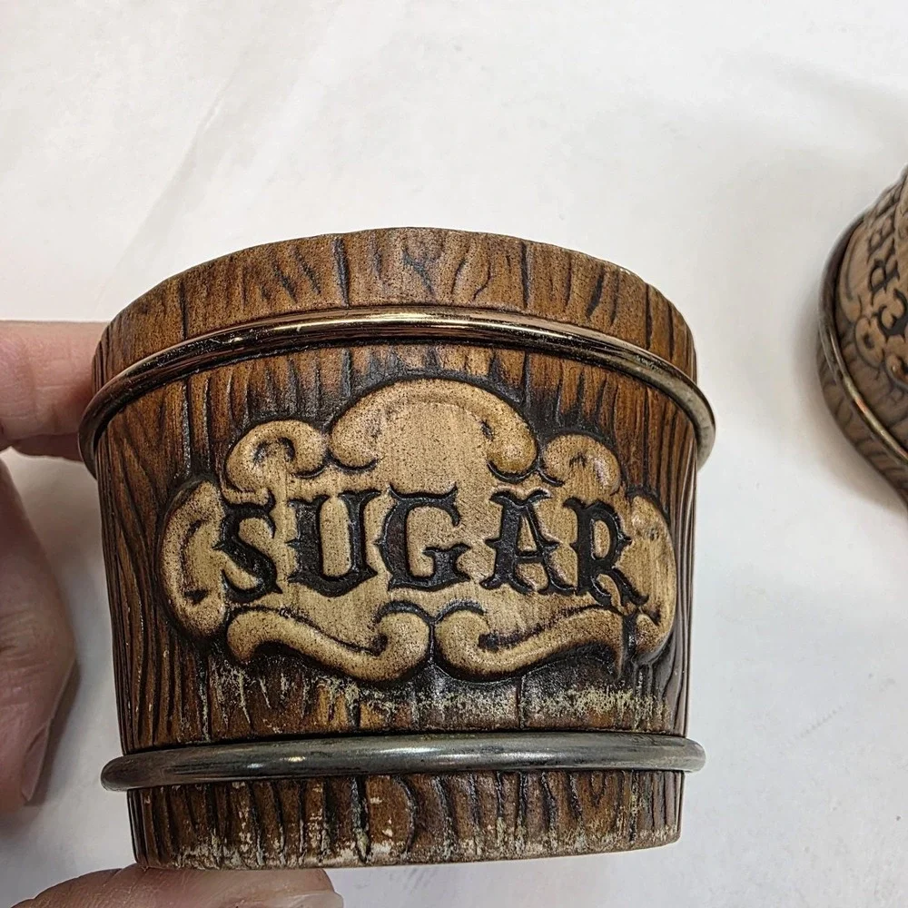Vintage Treasure Craft‎ Cream And Sugar Set Barrel 1957 MCM Rustic Ceramic